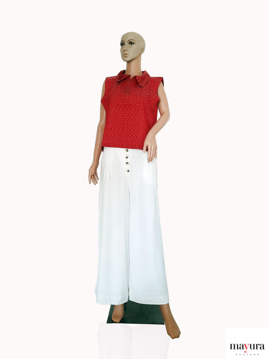 Luxe Red Ikat Silk Top with Statement Collar