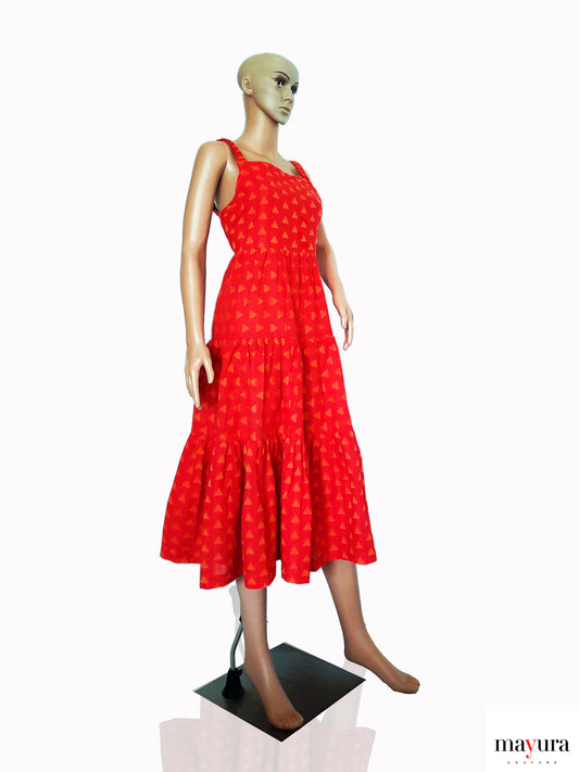 Red Layered Ruffle Dress with Embroidery