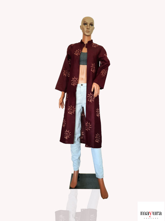 Dark Wine Handloom Cotton Open Coat