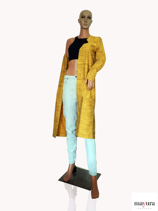 YELLOW TEXTURED COAT WITH FRONT POCKETS AND STAR V FRONT OPEN