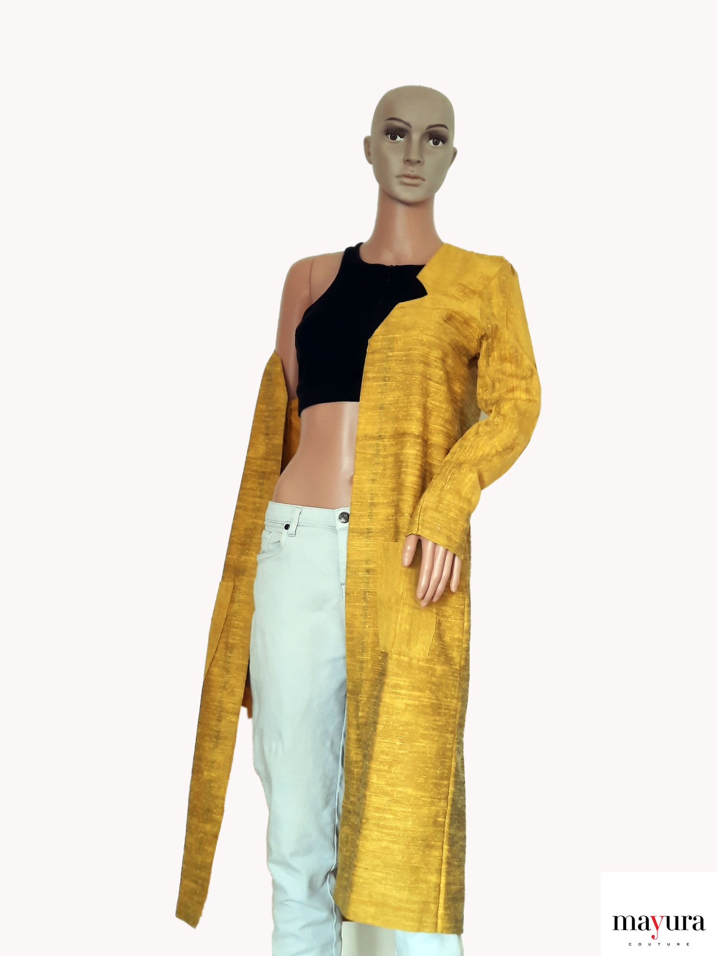 YELLOW TEXTURED COAT WITH FRONT POCKETS AND STAR V FRONT OPEN