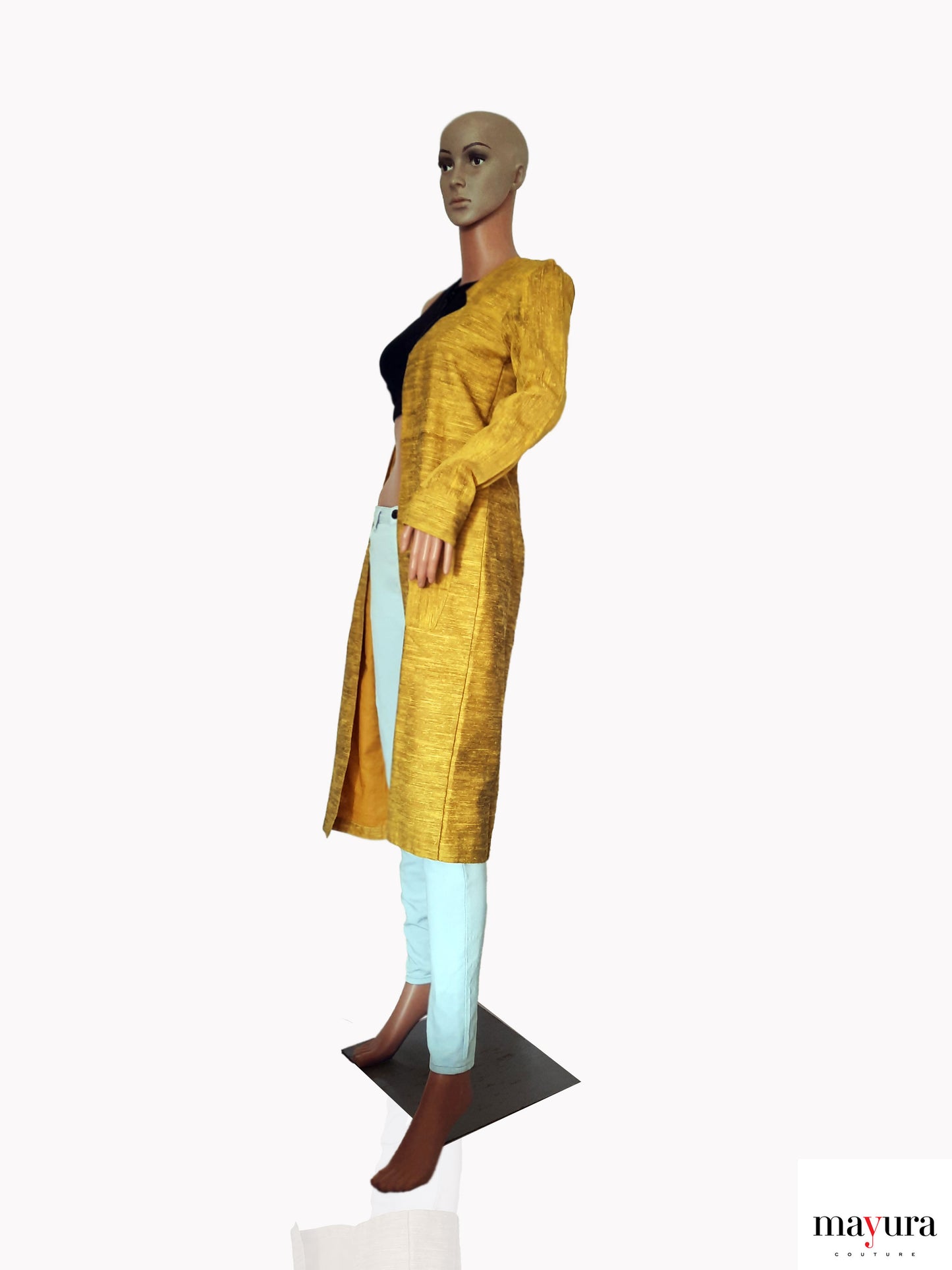 YELLOW TEXTURED COAT WITH FRONT POCKETS AND STAR V FRONT OPEN