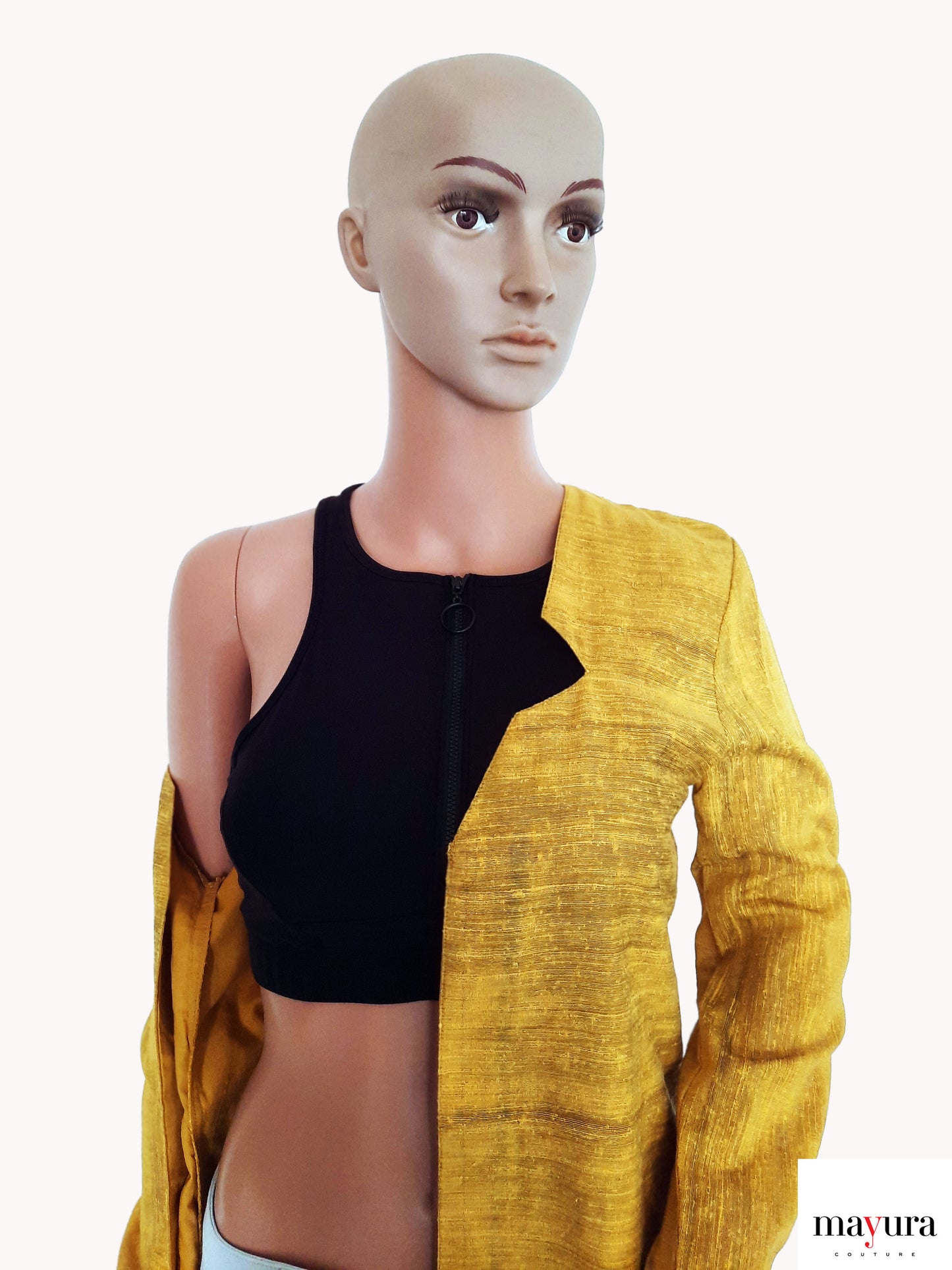 YELLOW TEXTURED COAT WITH FRONT POCKETS AND STAR V FRONT OPEN