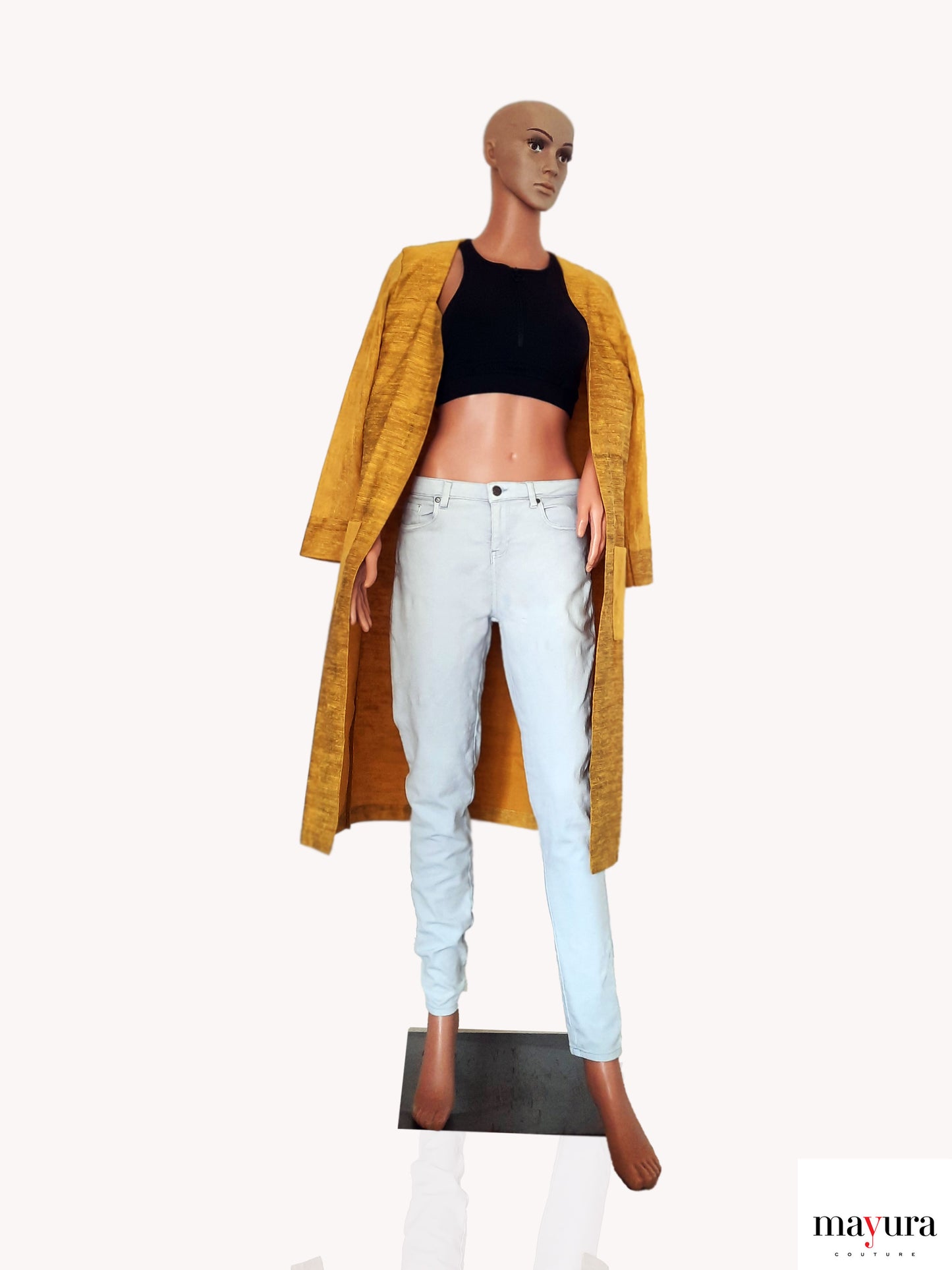 YELLOW TEXTURED COAT WITH FRONT POCKETS AND STAR V FRONT OPEN