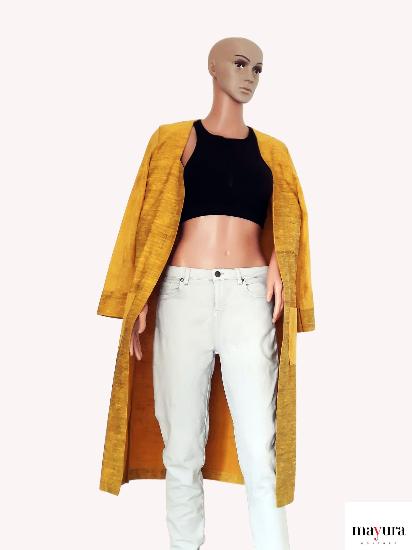 YELLOW TEXTURED COAT WITH FRONT POCKETS AND STAR V FRONT OPEN