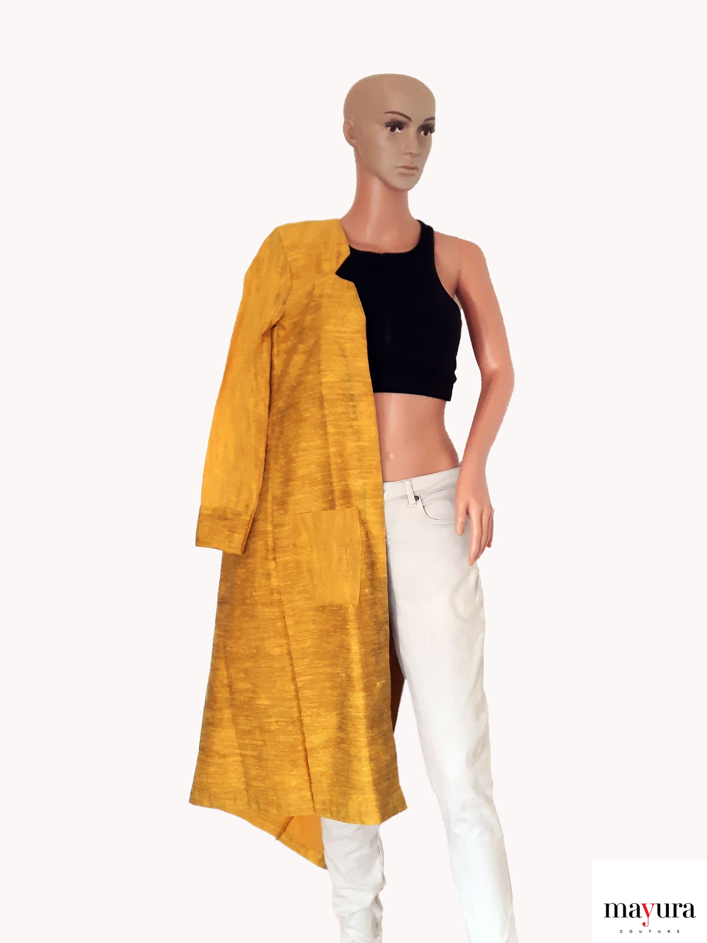 YELLOW TEXTURED COAT WITH FRONT POCKETS AND STAR V FRONT OPEN