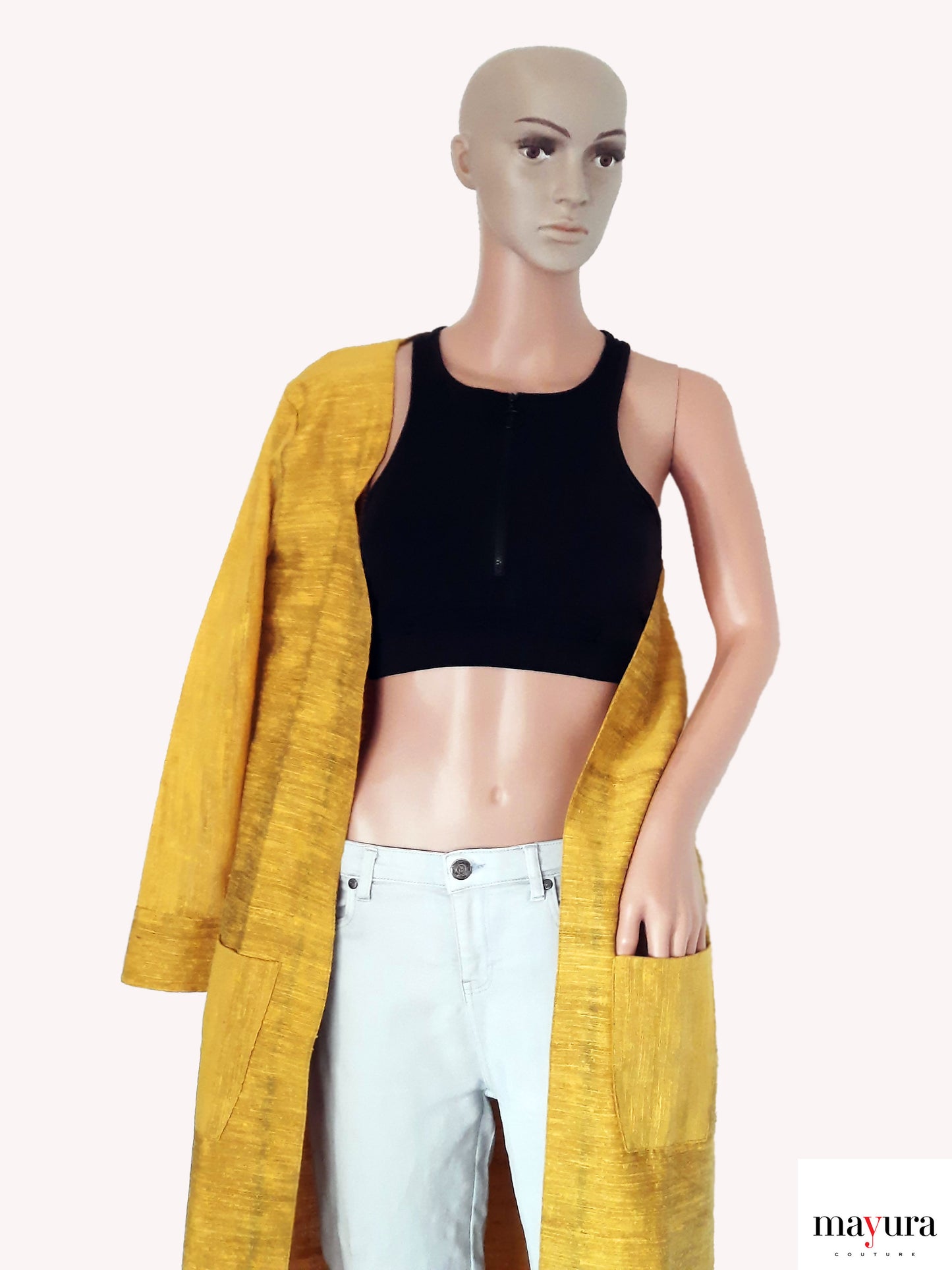 YELLOW TEXTURED COAT WITH FRONT POCKETS AND STAR V FRONT OPEN